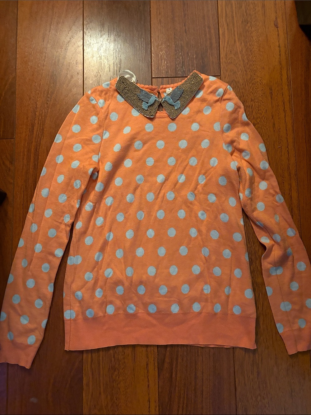 Moth Light Blue Sweater with Orange Polka Dots size S